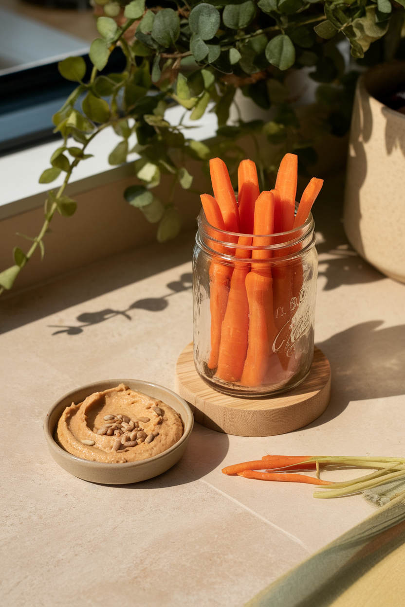 A glass jar of carrot sticks on an indoor countertop next to a small dish of hummus; bright natural window light, no logos. Photo.