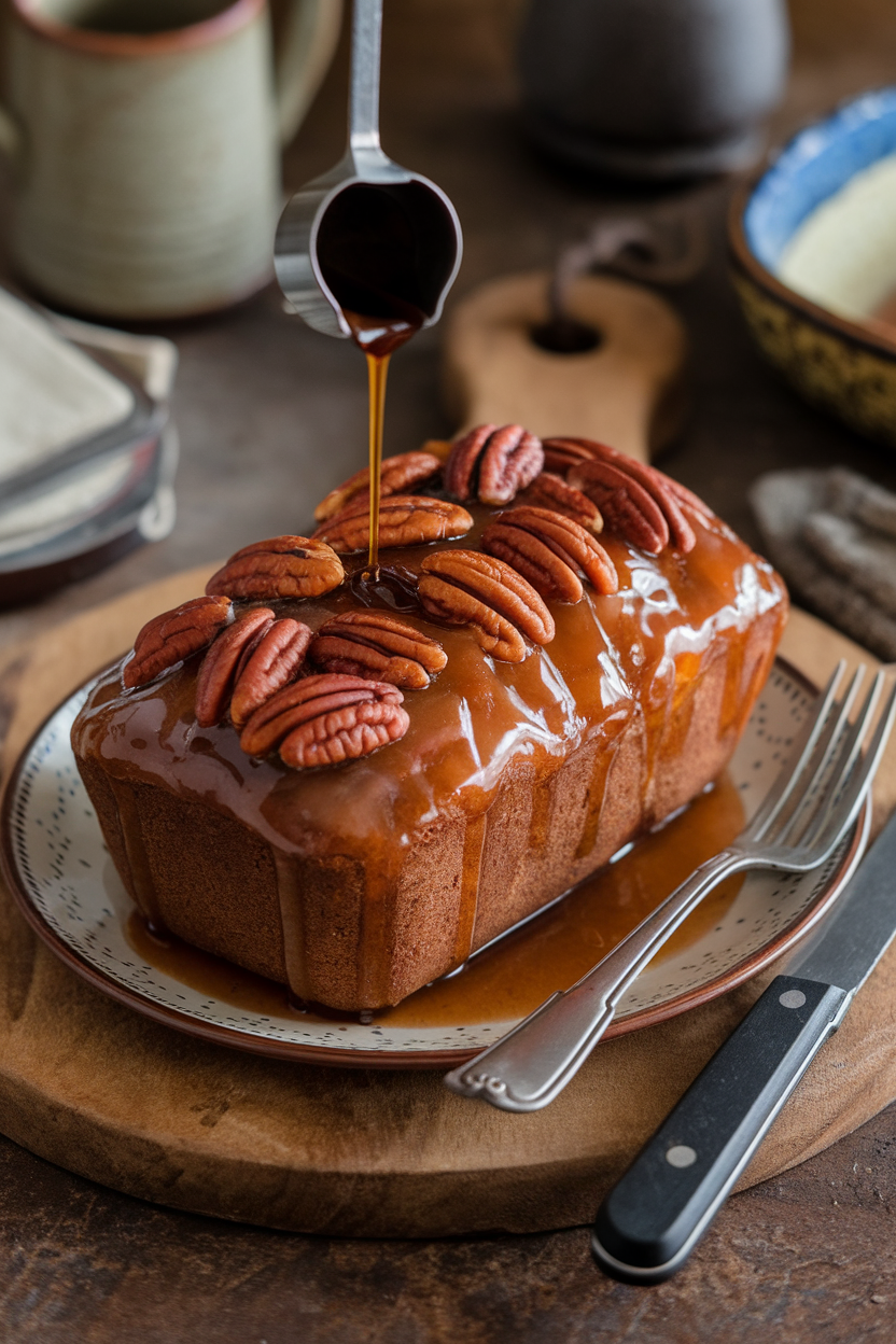 An indoor breakfast scene with a glazed loaf topped with pecan halves, maple syrup drizzler resting on a plate. No text or logos. Photo only.