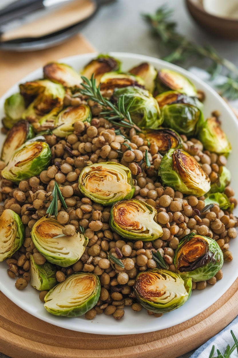 A platter indoors featuring halved roasted Brussels sprouts mixed with green lentils and a mustard vinaigrette. No text or logos.