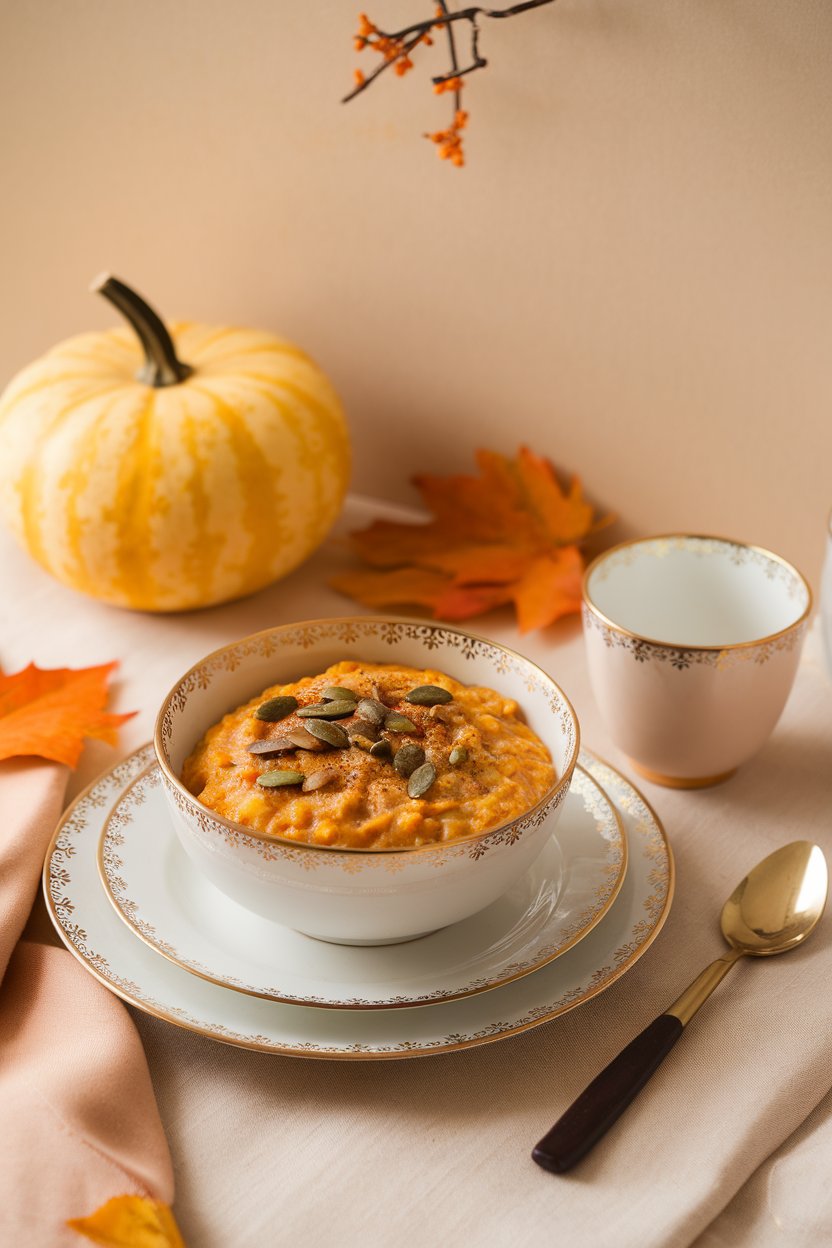 Indoor autumn-themed table with a bowl of orange-hued pumpkin oatmeal sprinkled with pumpkin seeds and a dash of cinnamon. Soft, warm lighting; no text or logos. Photo.