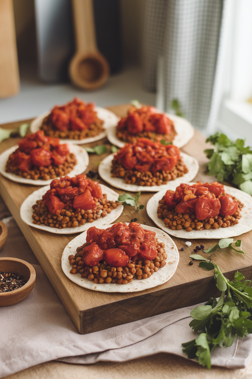 Indoor shot of tortillas filled with spiced lentils and chunky roasted tomatoes, topped with chili sauce, no logos.