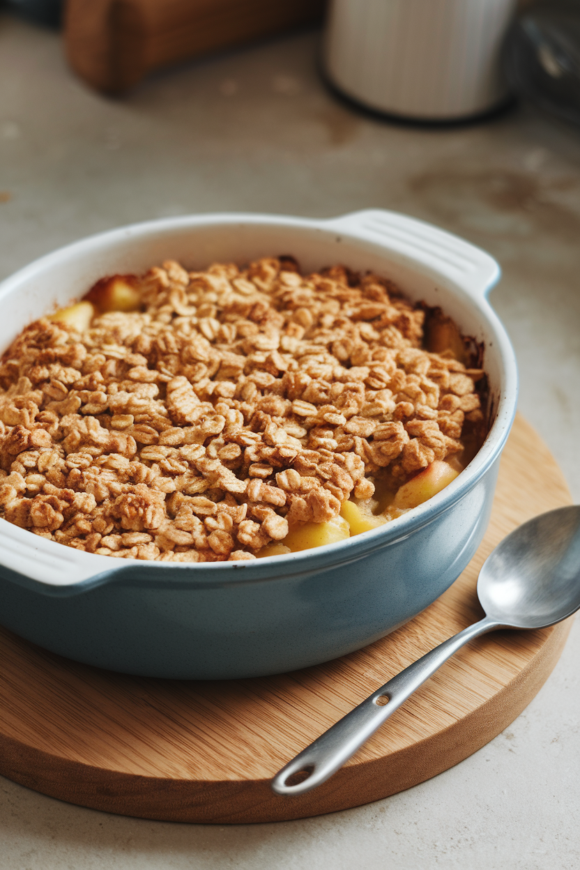 Indoor casserole filled with bubbling apple filling and golden oat crumble topping, serving spoon poised. No text or logos. Photo only.