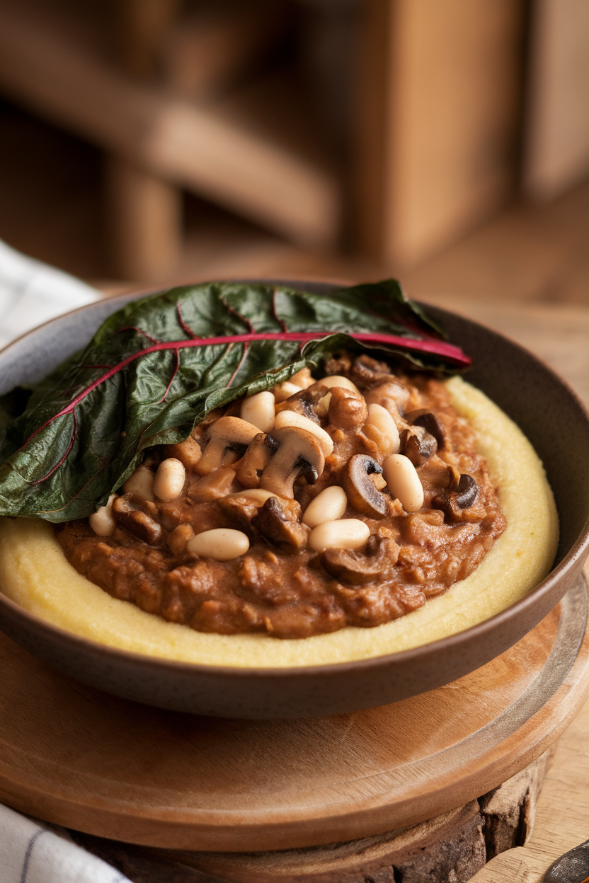Indoor photo featuring creamy polenta, hearty mushroom-white bean ragù, and wilted Swiss chard on a shallow bowl. No text or logos.