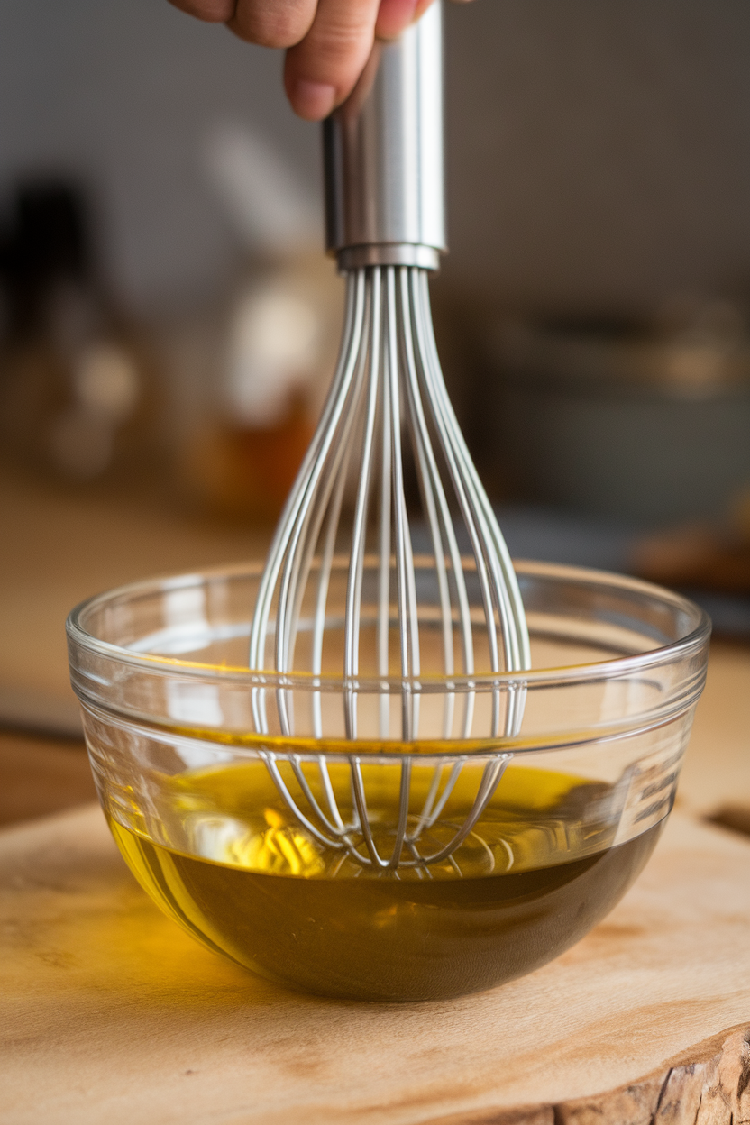 Indoor close-up of a balloon whisk emulsifying olive oil and vinegar in a glass bowl, no branding.