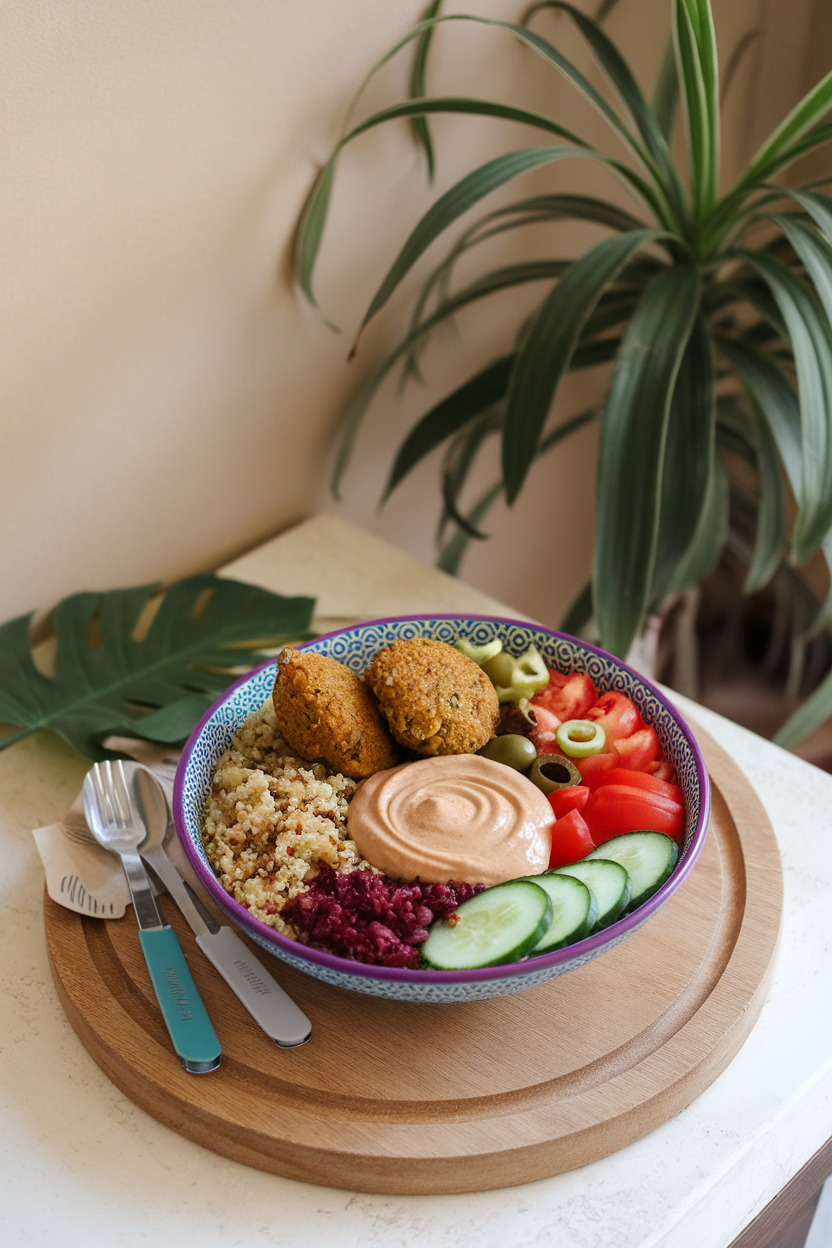 Indoor lunch table featuring a colorful bowl with baked falafel, quinoa, cucumber, tomato, olives, and a swirl of tahini sauce. No text or logos; photo.