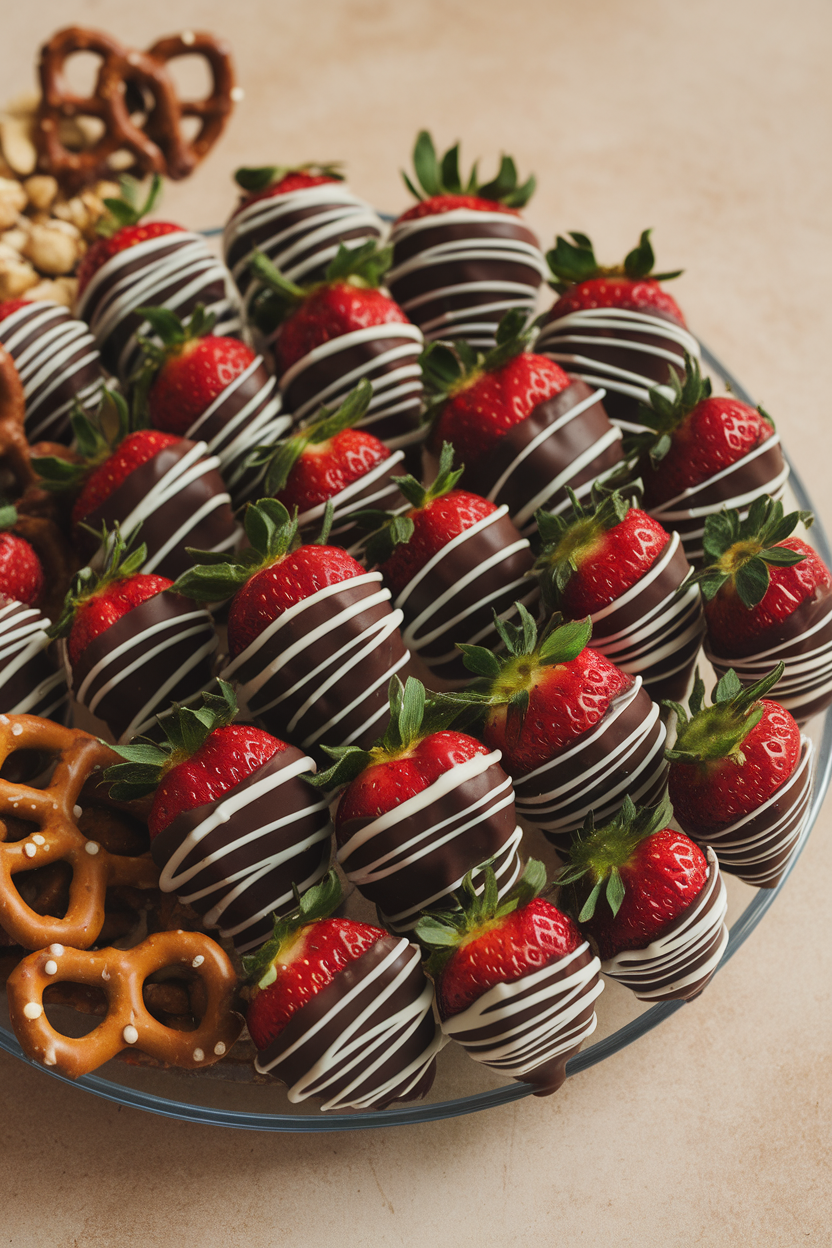 Indoor dessert platter featuring glossy dark-chocolate-coated strawberries arranged in a spiral; no text or logos