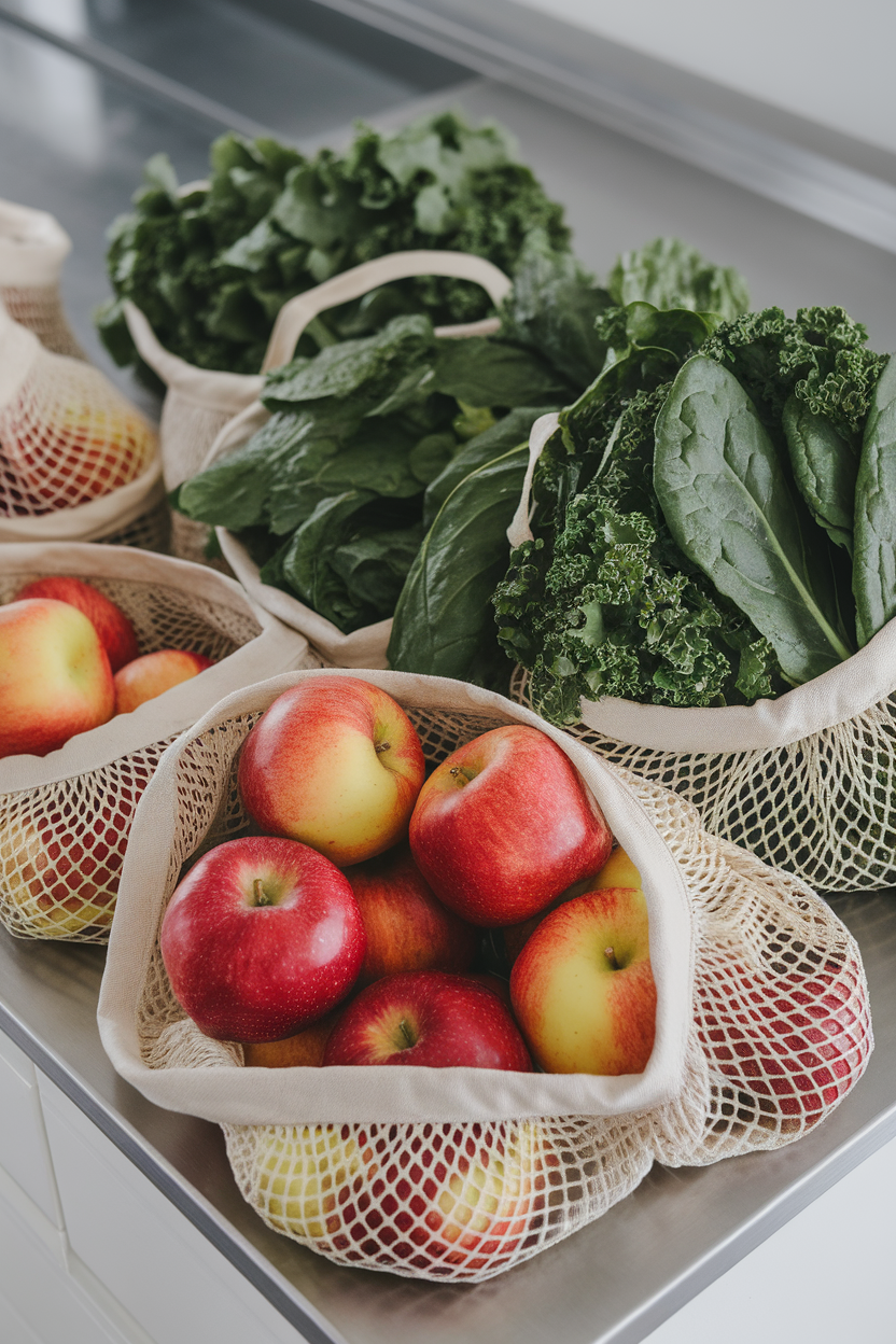Indoor image of mesh produce bags filled with apples and leafy greens on a countertop, no text or logos.