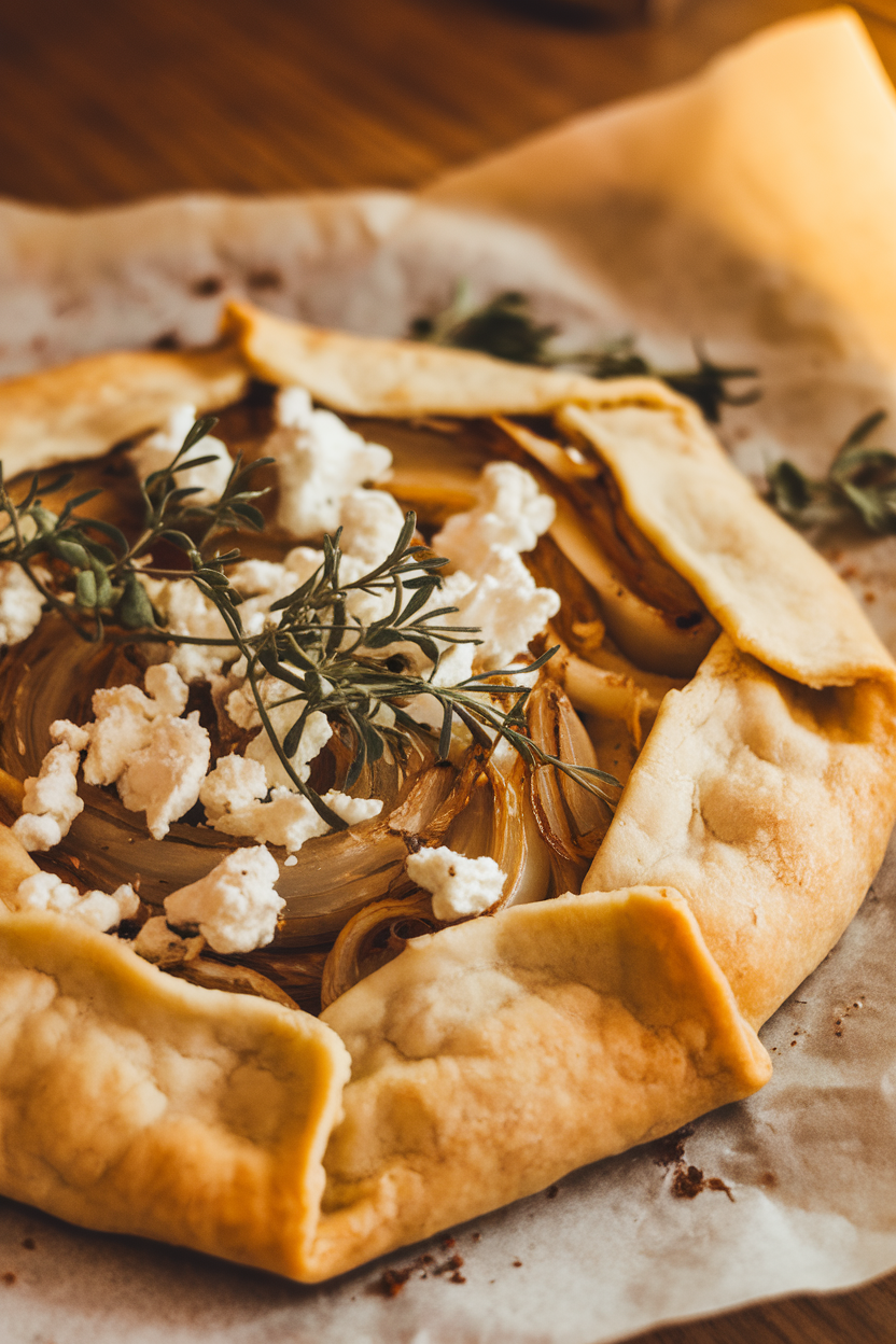 A close-up indoor photo of a rustic free-form galette on parchment, edges folded over golden onions and crumbled goat cheese, herbs scattered on top. No text or logos visible.