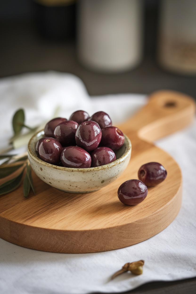 An indoor wooden board holding a small ceramic bowl of glossy purple Kalamata olives, a few loose pits nearby, all under soft, diffused lighting; no text or logos, photo.