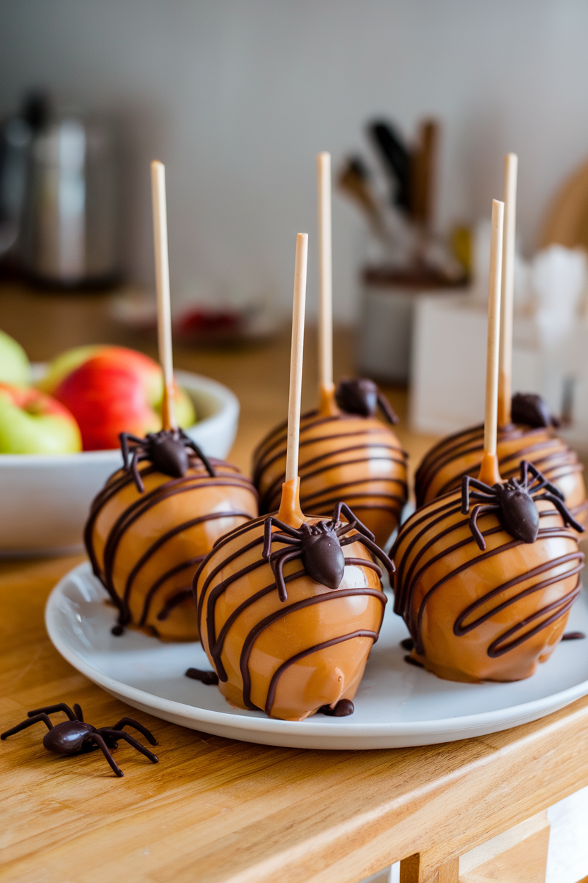 Caramel apples drizzled in dark chocolate with tiny chocolate spiders crawling, indoor countertop, no text or logos.