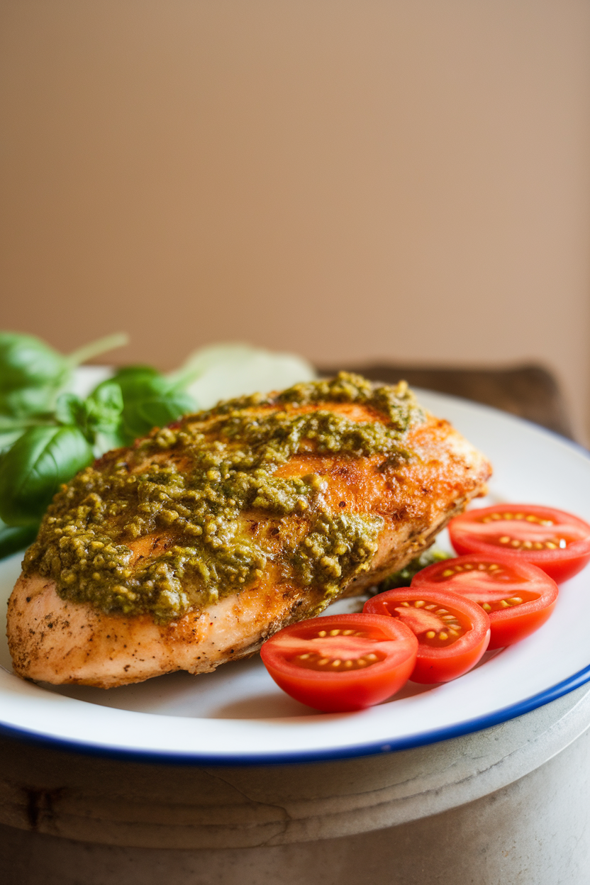 Indoor tabletop scene with air-fried chicken breast brushed in vibrant green basil pesto, sliced cherry tomatoes on the side, eye-level shot. No text or logos.