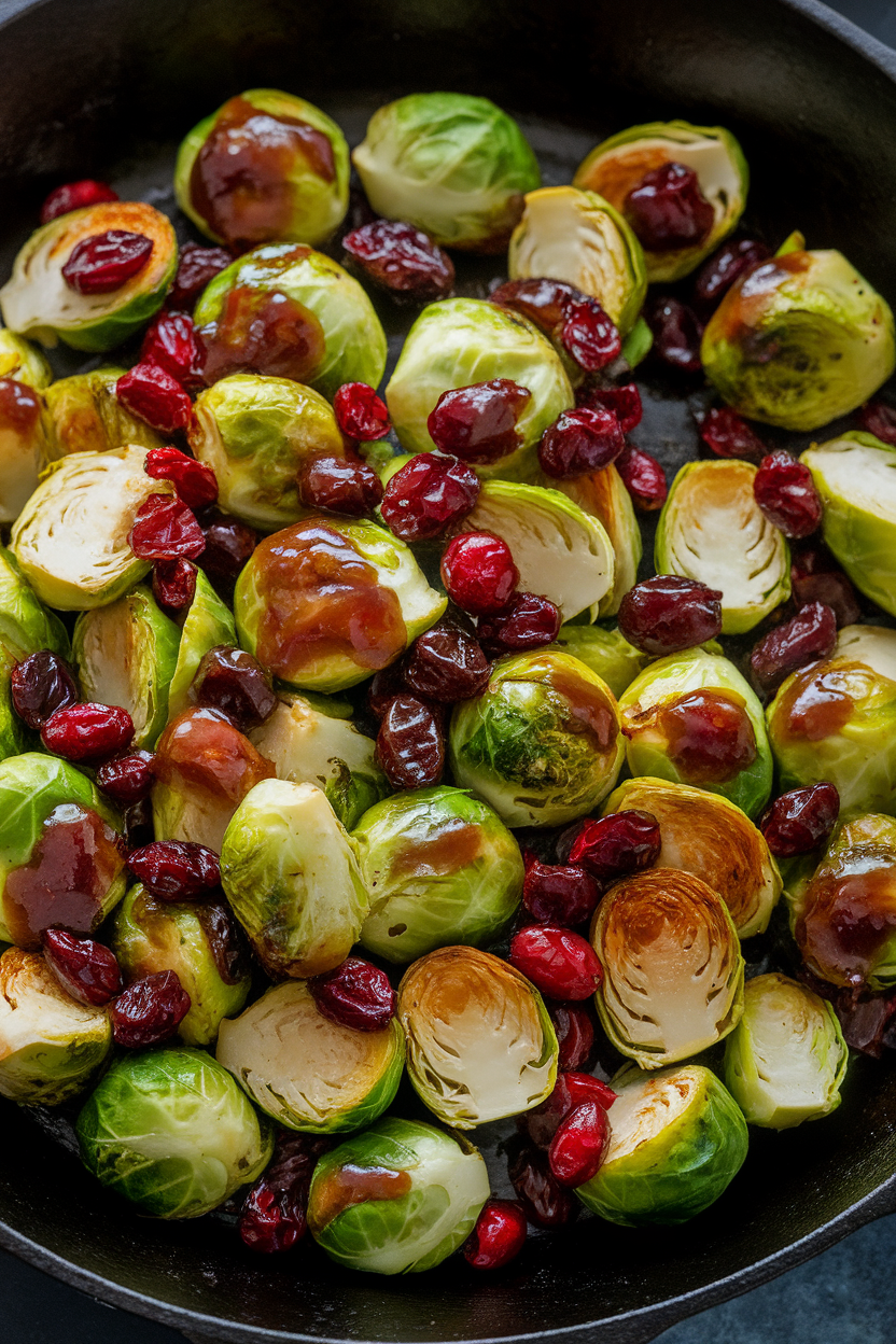 Photo of roasted Brussels sprouts mixed with dried cranberries, glaze visible, in a cast-iron skillet indoors. No text or logos.