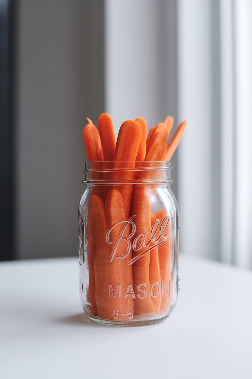 A brightly lit indoor mason jar standing upright with peeled carrot sticks ready for snacking, no text or logos.