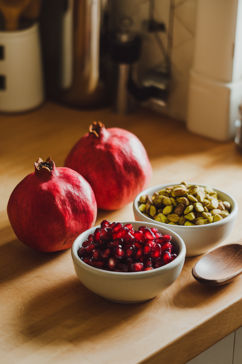 A warmly lit photo of bright pomegranate arils and chopped pistachios in small bowls on a kitchen counter, no text or logos