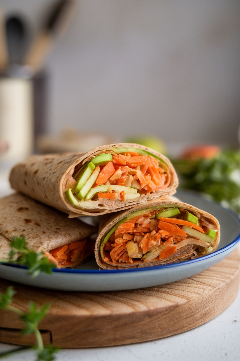 Indoor plate with whole-grain wraps cut in half, showing crunchy apple carrot slaw inside. No text or logos anywhere.