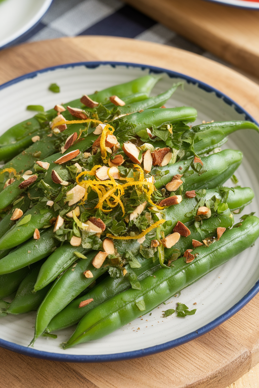 Photo of bright green beans topped with finely chopped almonds, lemon zest, and parsley on an indoor serving plate. No text or logos.