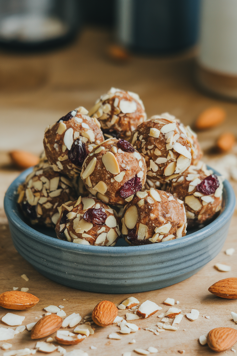 Photo of an indoor ceramic dish with almond cranberry energy balls rolled in chopped almonds. No text or logos.