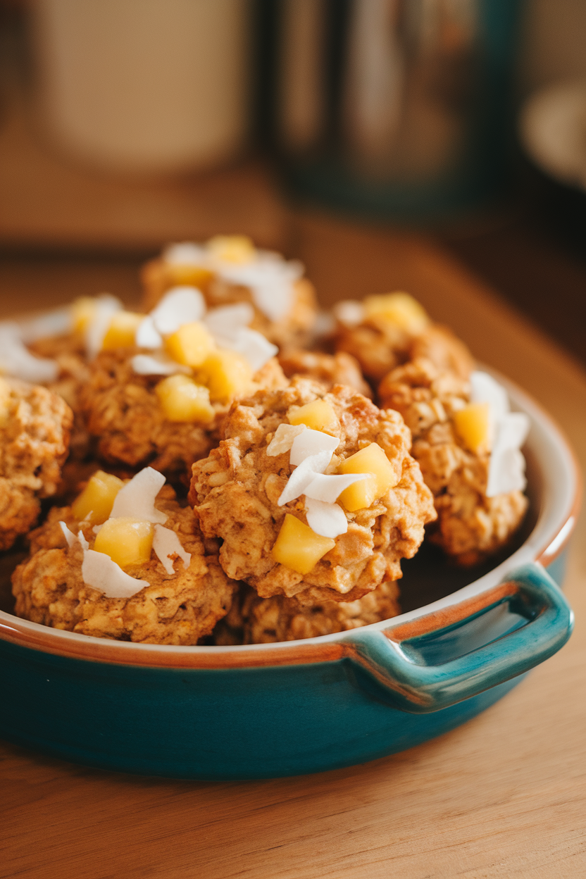 Photo prompt: Tropical oatmeal cookies with pineapple bits and coconut flakes on a ceramic dish indoors, no logos.