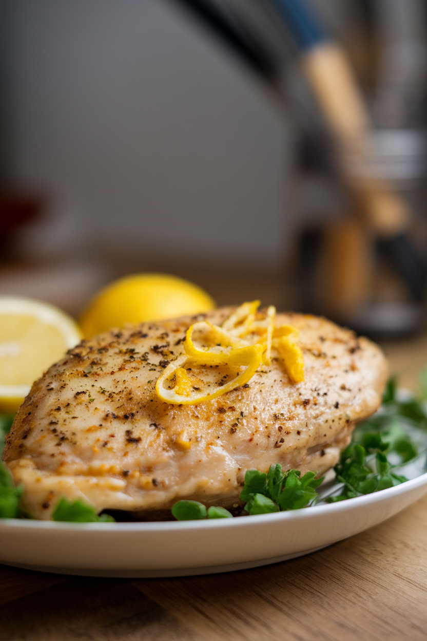 Indoor plate featuring air-fried chicken breast speckled with coarse black pepper and lemon zest, photographed from eye level. No text or logos.