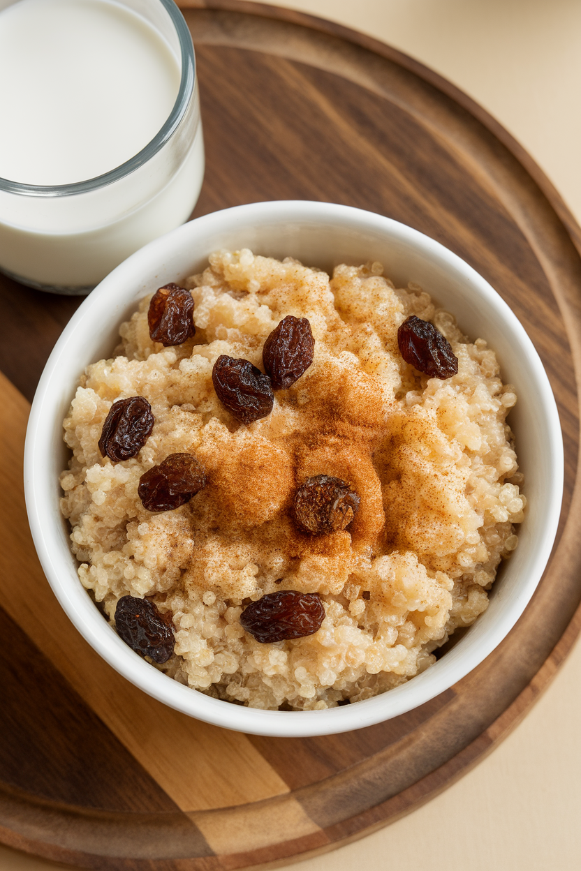An indoor breakfast bowl with fluffy quinoa dotted with raisins and dusted with cinnamon, splash of almond milk on the side. No text or logos. Photo only.