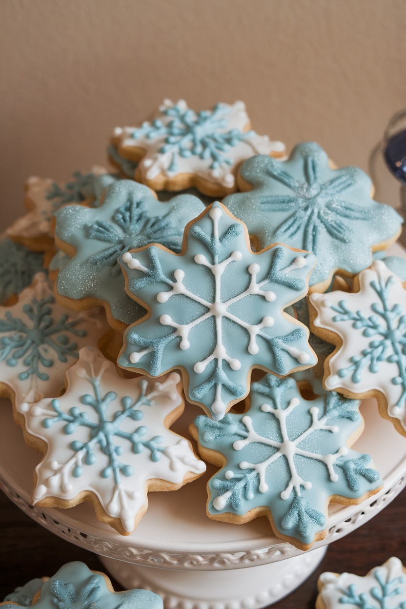 Photo of an indoor tray of intricately iced snowflake sugar cookies, pale blue and white icing sparkling under warm lights. No text or logos visible.