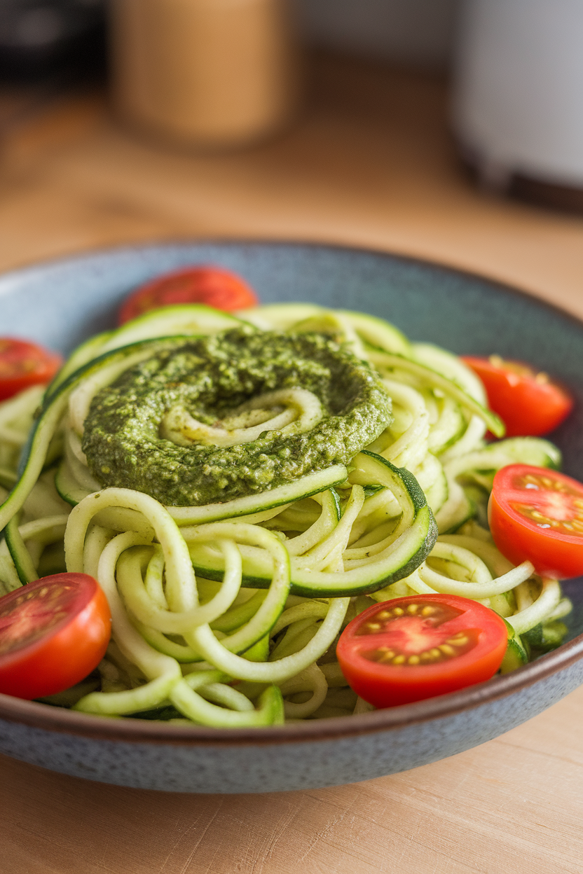 Indoor photo of vibrant green zucchini noodles tossed with basil pesto and halved cherry tomatoes on a shallow bowl. No text or logos.