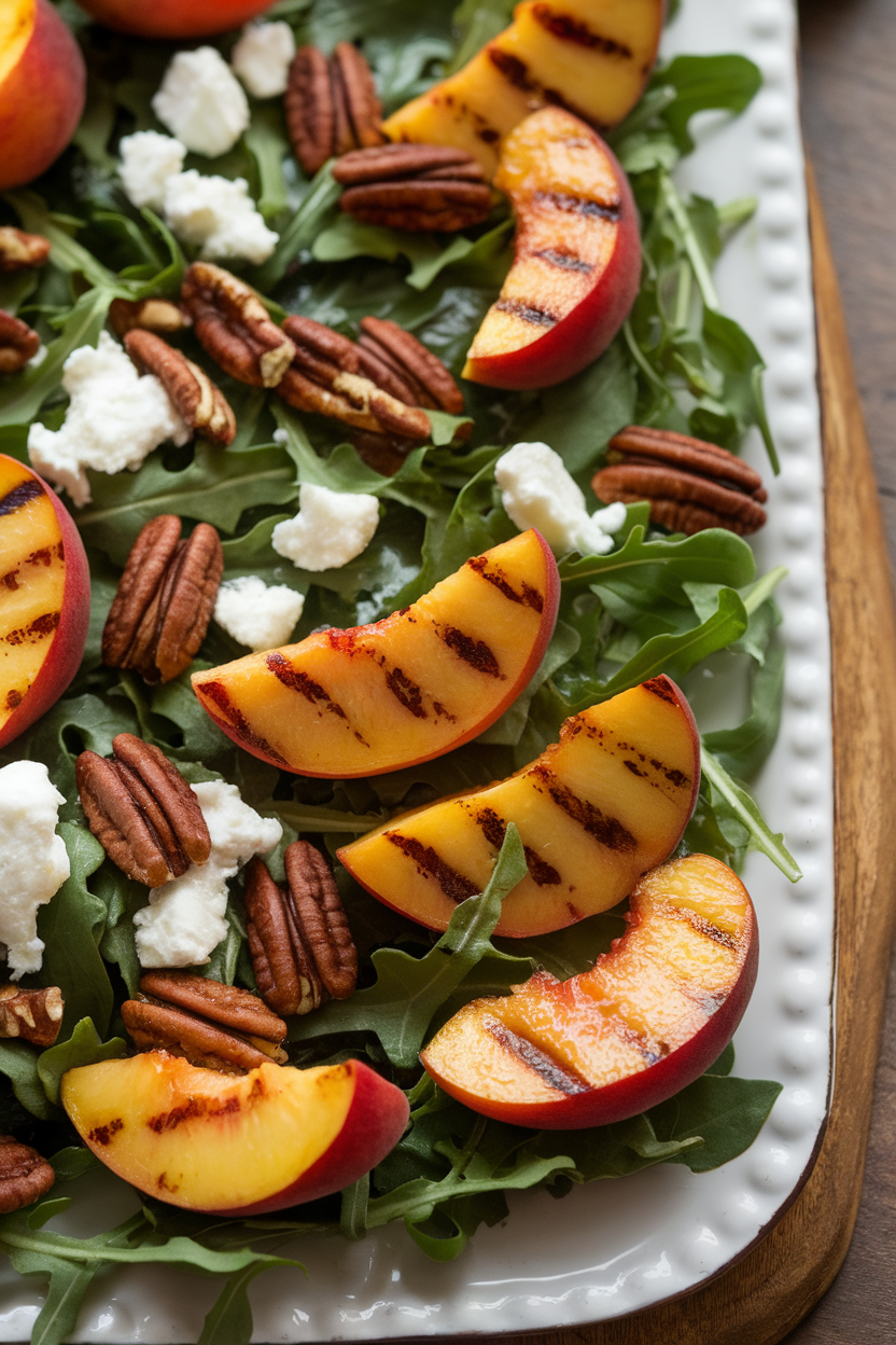 An indoor serving platter with grilled peach wedges scattered over arugula, goat cheese crumbles, and toasted pecans, light vinaigrette glistening. No text or logos shown.
