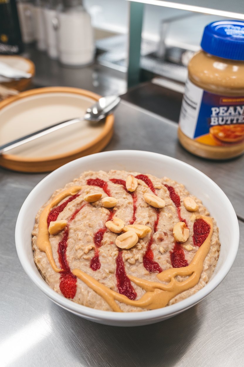 Indoor breakfast bar featuring a bowl of oatmeal swirled with creamy peanut butter and streaks of strawberry purée, peanuts sprinkled on top. No text or logos. Photo.