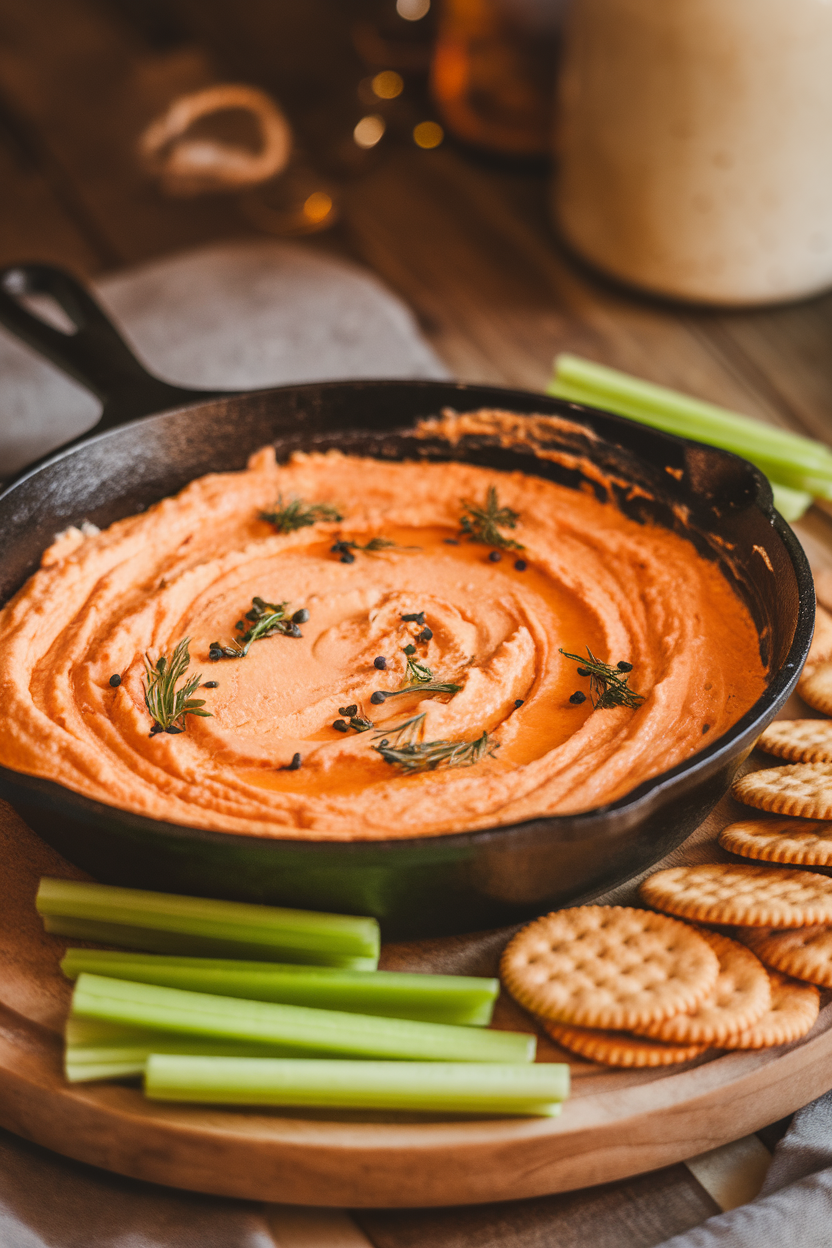 Photo of an indoor cast-iron skillet of creamy buffalo chicken dip, orange hue on top, surrounded by celery sticks and crackers; warm lighting, no text or logos