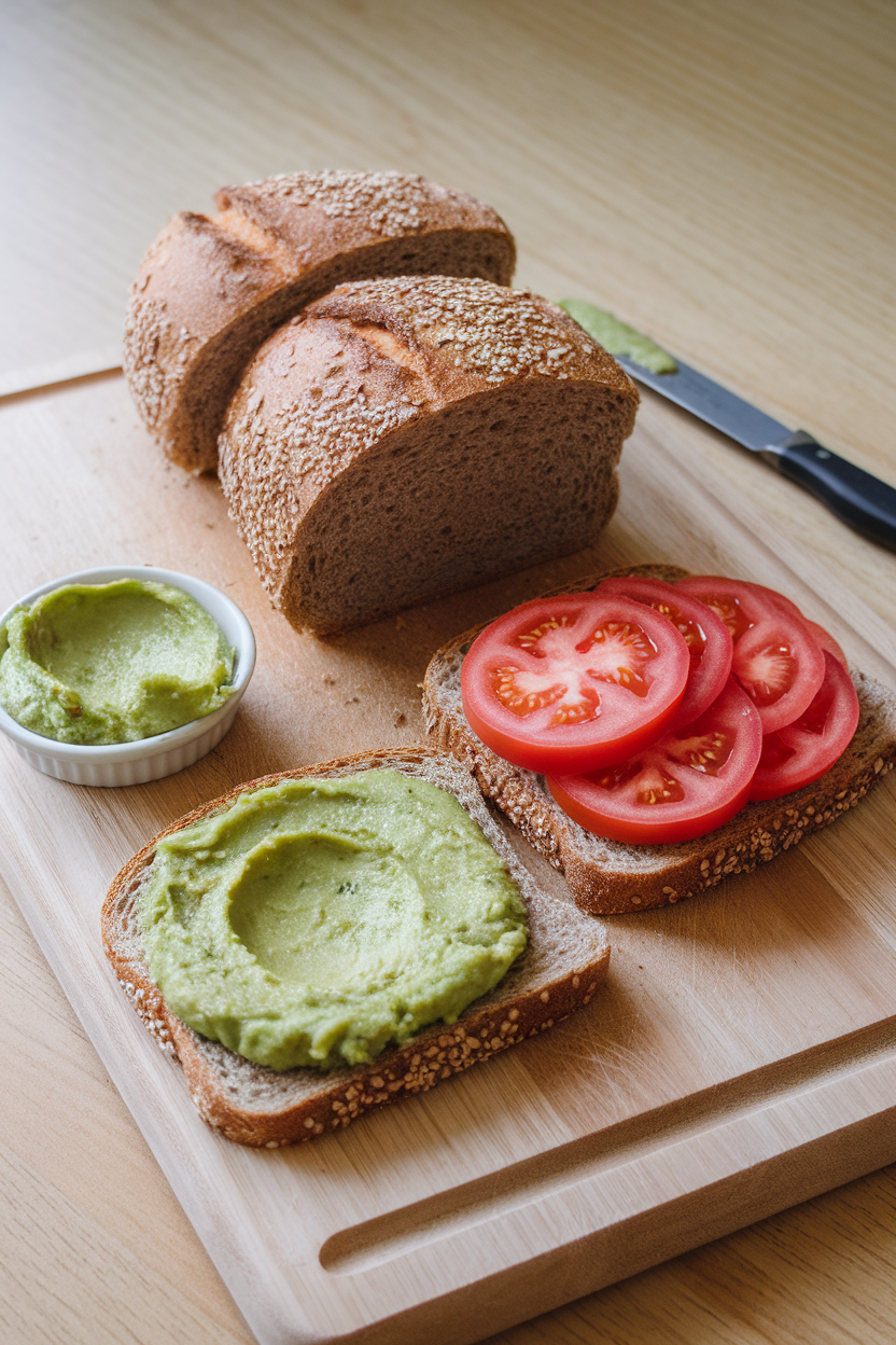 An indoor wooden cutting board with slices of sprouted-grain bread, avocado spread, and tomato rounds ready for assembly. No logos or text. Photo.