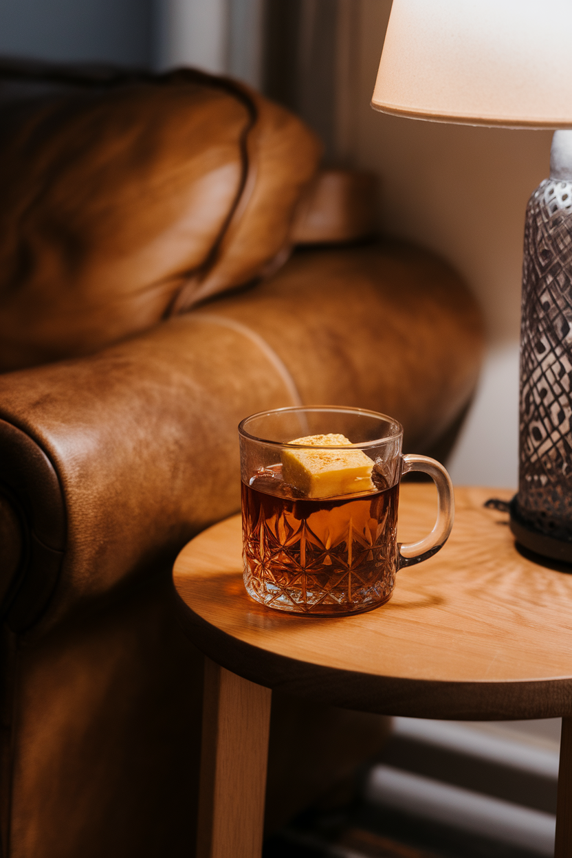 A cozy living-room side table displaying a clear glass mug of amber rum topped with a melting pat of spiced butter, all under soft indoor lamplight. No text or logos; photograph, not illustration.