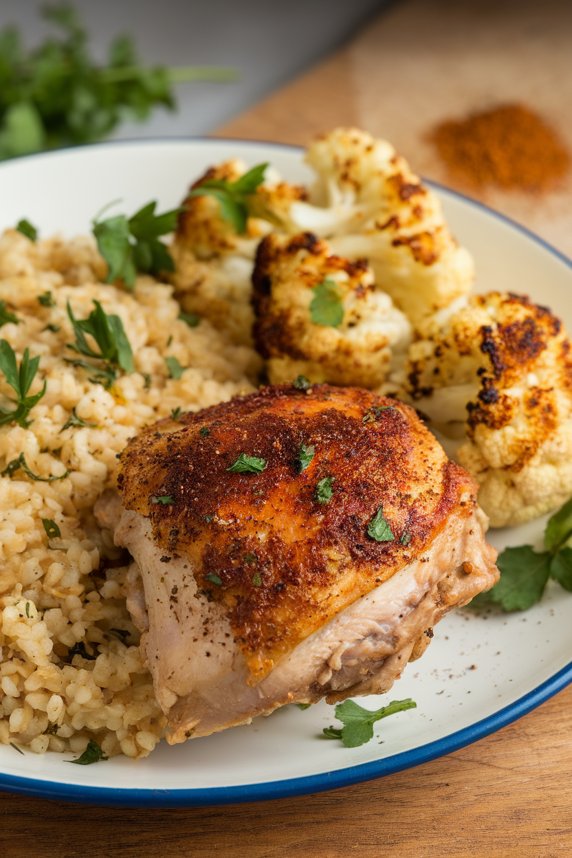 Indoor photo of sumac-spiced chicken thigh, bulgur pilaf with herbs, and roasted cauliflower on a plate. No text or logos.