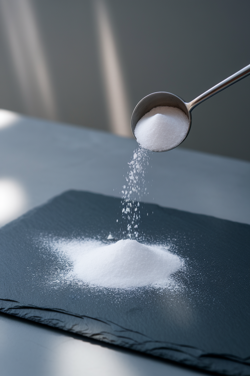 Indoor photo of baking soda sprinkled from a teaspoon onto a slate surface; studio lighting, no text or logos