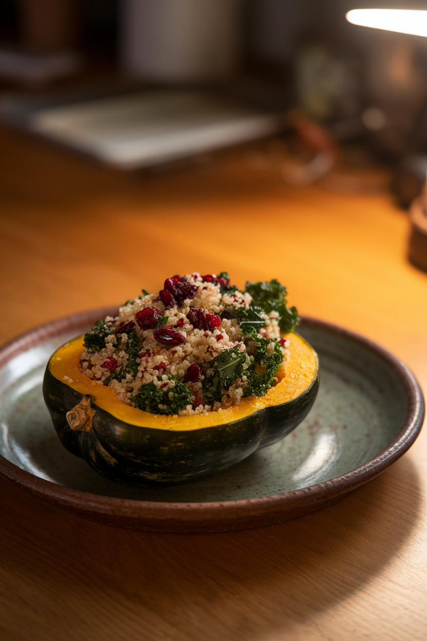 Photo of halved acorn squash filled with colorful quinoa, kale, and dried cranberries on a ceramic platter indoors, warm table light. No text or logos.