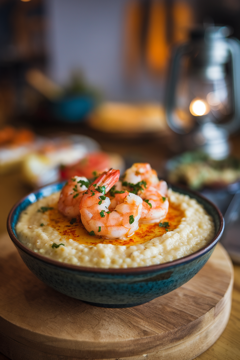 Photo of an indoor bowl of creamy grits topped with cooked shrimp coated in spiced butter sauce, chopped parsley sprinkled on top. No text or logos visible.