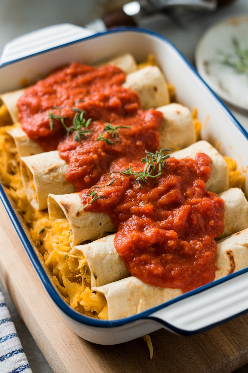 Indoor casserole view of shredded spaghetti squash and turkey sausage rolled in tortillas, topped with chunky marinara, no text or logos.
