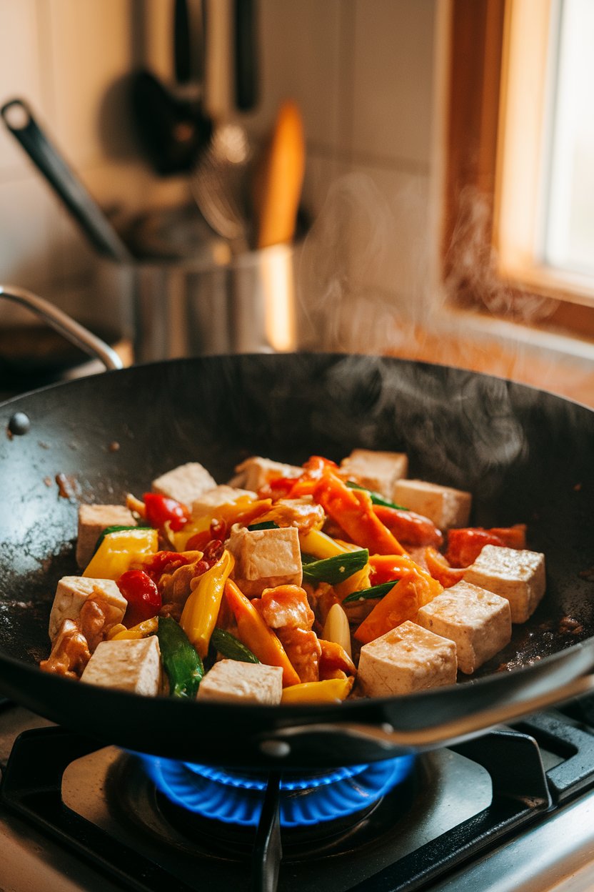 Indoor wok holding tofu cubes and colorful vegetables coated in glossy sauce; steam drifting upward, no text or logos.
