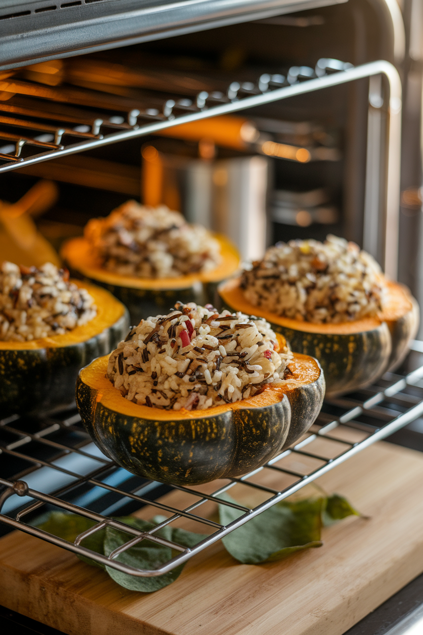 A warmly lit indoor oven rack holding halved acorn squash stuffed with colorful wild rice pilaf. No text or logos in photo.