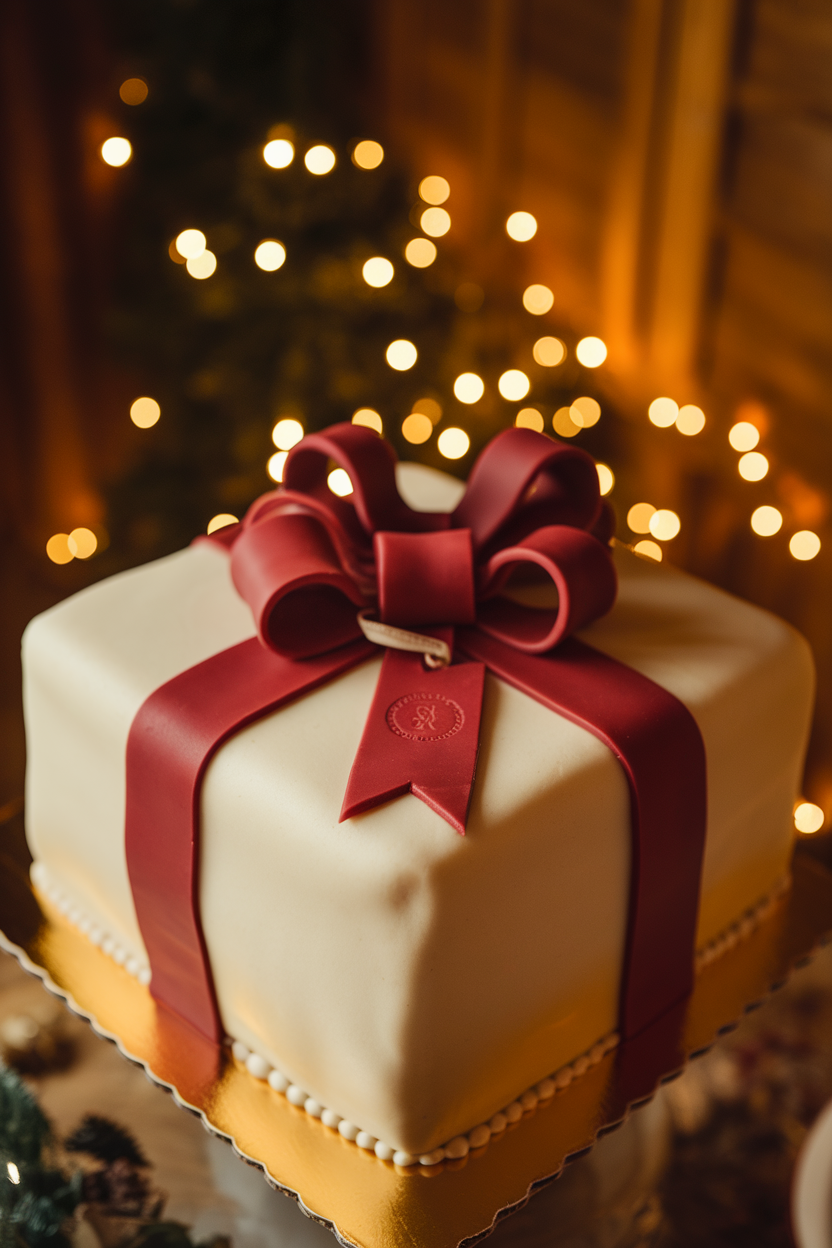 Square cake indoors wrapped in smooth marzipan “paper,” finished with a big red marzipan bow and tag. Warm holiday lighting; no logos.