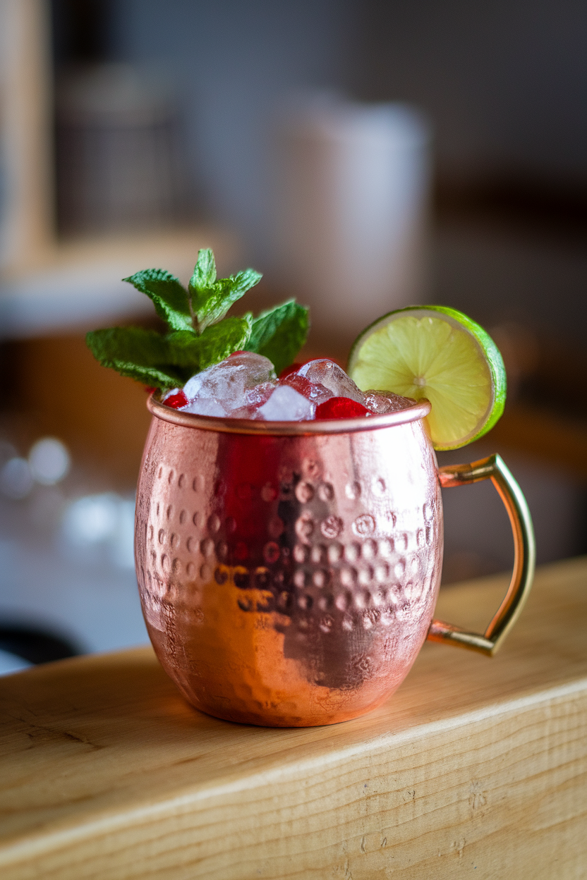 A copper mug on an indoor wooden counter brimming with crushed ice, red cranberry cocktail, and a sprig of mint; lime wedge perched on the rim. No text or logos; photograph, not illustration.