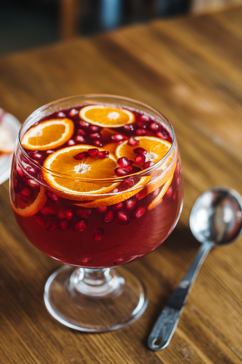 Indoor photo of a glass punch bowl filled with ruby-red punch, orange slices and pomegranate seeds floating on top, with a ladle. No text or logos.