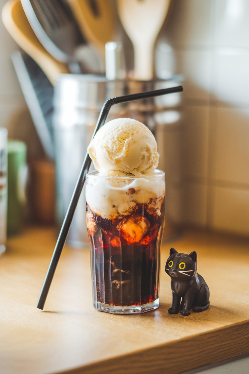 A warmly lit indoor kitchen counter with a tall soda glass filled with dark cherry cola and two scoops of vanilla ice cream bobbing on top, a black paper straw leaning against the rim, small plastic black-cat figurine beside the glass. Photo, no text or logos.