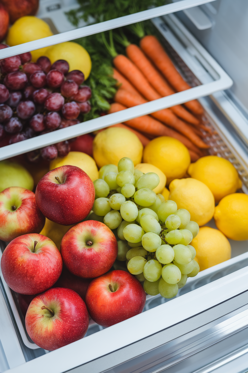 Photo prompt: An indoor refrigerator crisper drawer filled with produce of multiple colors neatly arranged, no text or logos.