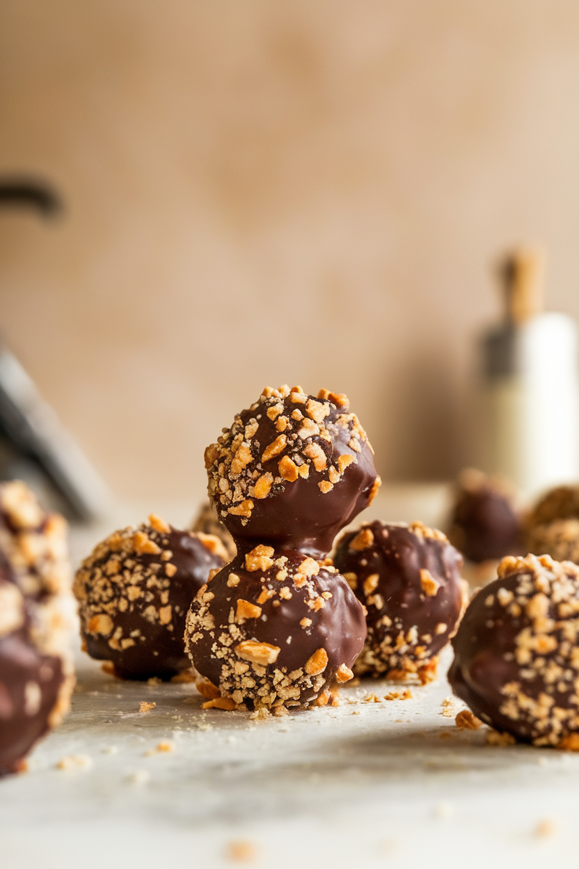 Photo of an indoor kitchen table with peanut butter pretzel energy balls, crushed pretzel pieces visible. No text or logos.