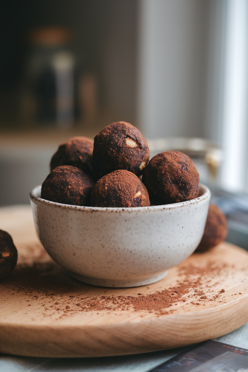 Photo of a white ceramic bowl indoors, filled with dark-brown cocoa peanut energy balls, cocoa powder lightly sprinkled around. Soft window light, no text or logos visible.