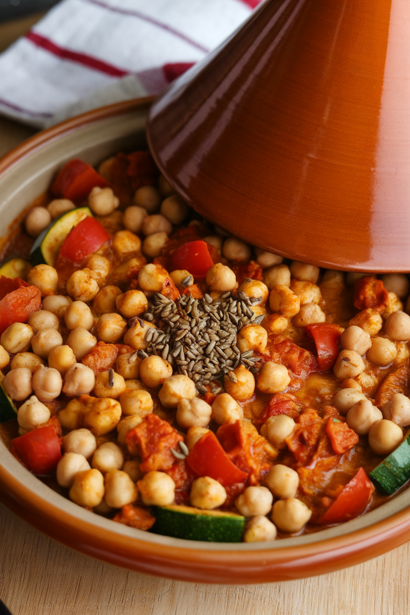 An indoor tagine or Dutch oven filled with colorful chickpeas, zucchini, and tomatoes in a spiced sauce, cumin seeds on top. Photo, no text or logos.
