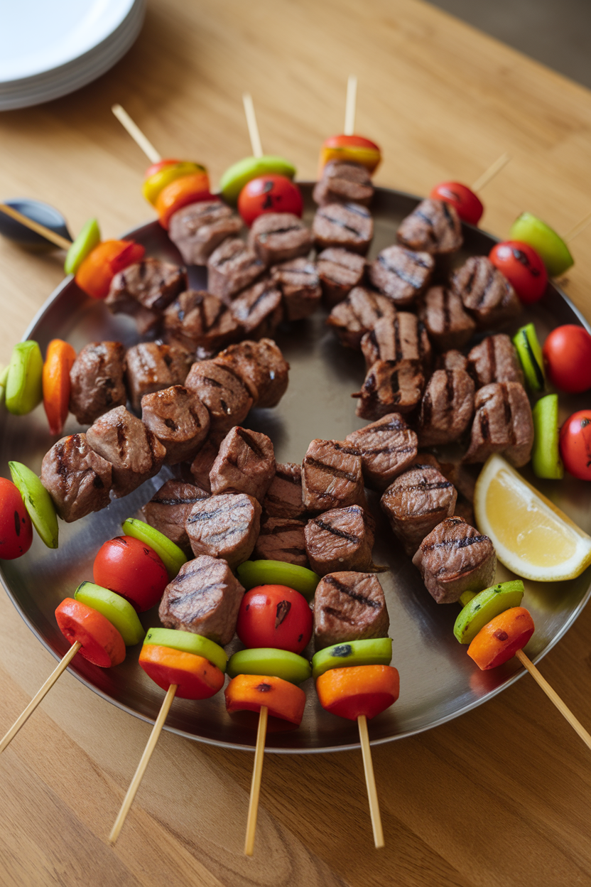 Photo of an indoor serving platter with cooked beef and colorful vegetable kebabs, grill marks visible, lemon wedges on the side. No logos on skewers or dishware.