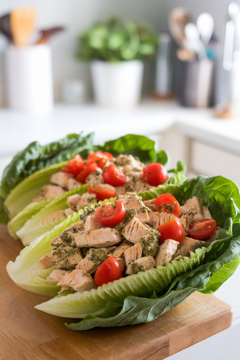 Indoor kitchen island with crisp romaine leaves filled with diced chicken tossed in basil pesto, cherry tomato halves scattered on top. No logos or text; photo.