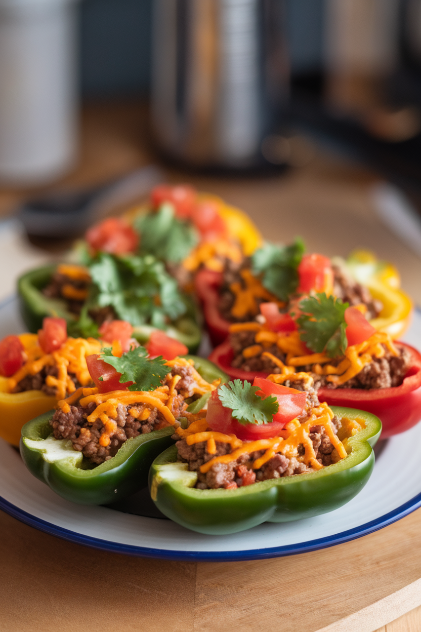 Indoor plate of halved bell peppers filled with seasoned ground beef, cheese, and diced tomatoes, garnished with cilantro. No text or logos. Photo, not illustration.