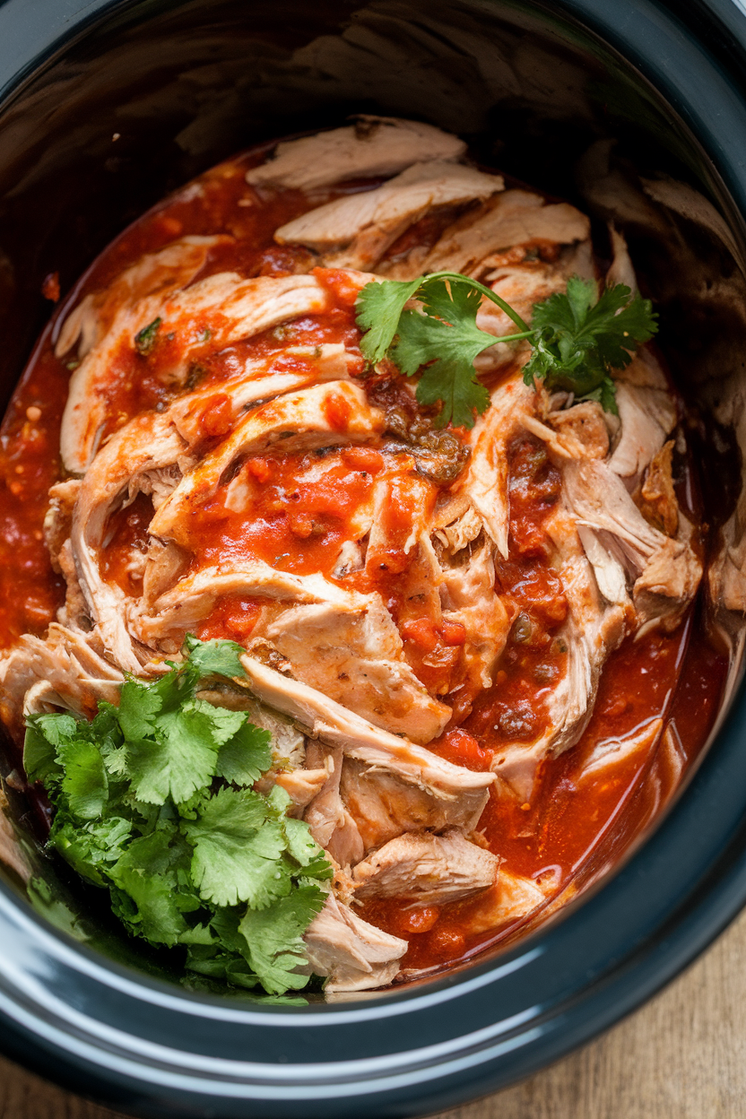 Indoor photo of shredded chicken mixed with red salsa and herbs in a crockpot, no text or logos.